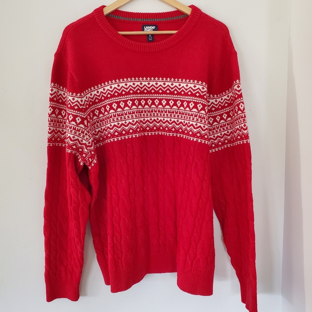 LANDS' END XL Red White Wool Blend LS Sweater Cable Knit Fair Isle Pullover Men